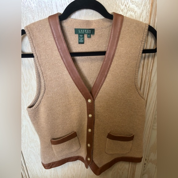 Lauren Ralph Lauren Wool Cashmere Blend Sweater Vest w/ Leather Trim - Picture 1 of 16